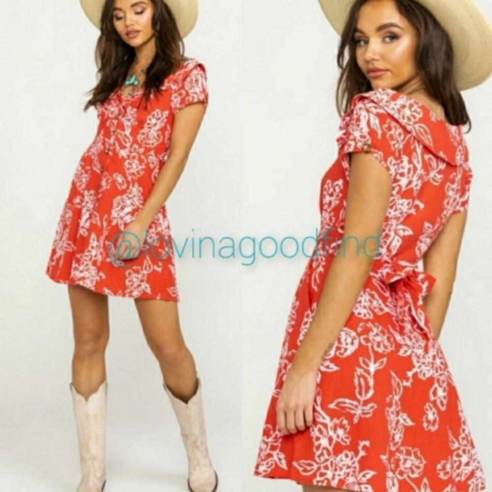 FREE PEOPLE A Thing Called Love Mini Linen Red Floral Dress NWT sz 12